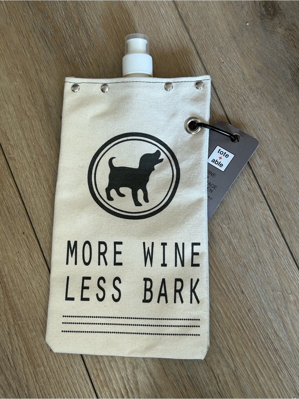 Toteable 'More Wine Less Bark' Cream Canvas Wine Tote